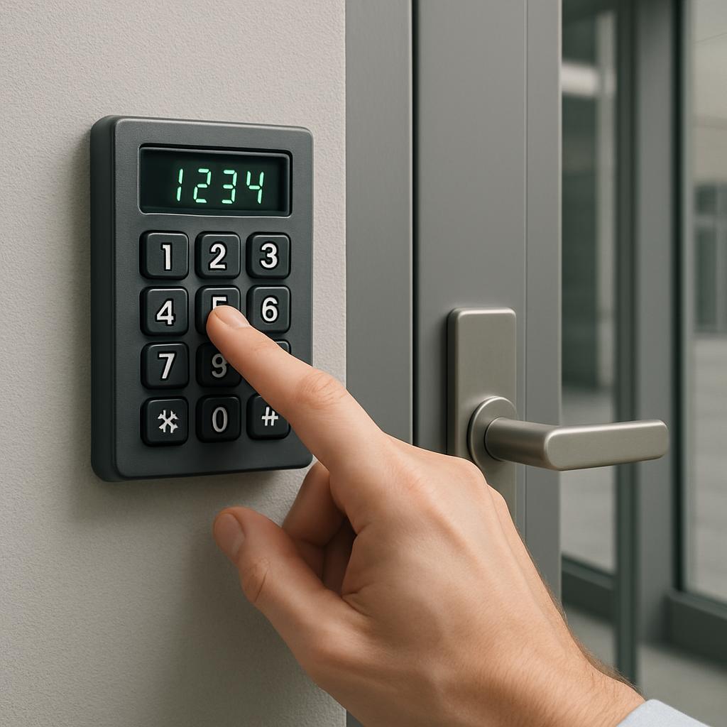 A person's hand pushing a keypad button with the door lock system in the background, shown to be electronic with a finger ...