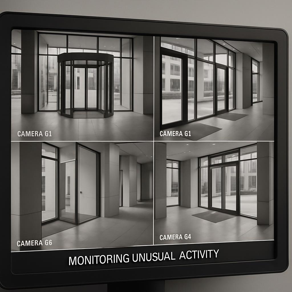 Security cameras in a building with monitoring unusual activity written on the monitor.